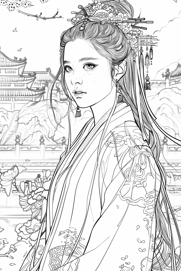Ancient chinese girl in traditional costume with elaborate hair accessories, chinese style — free printable classical scene coloring book page