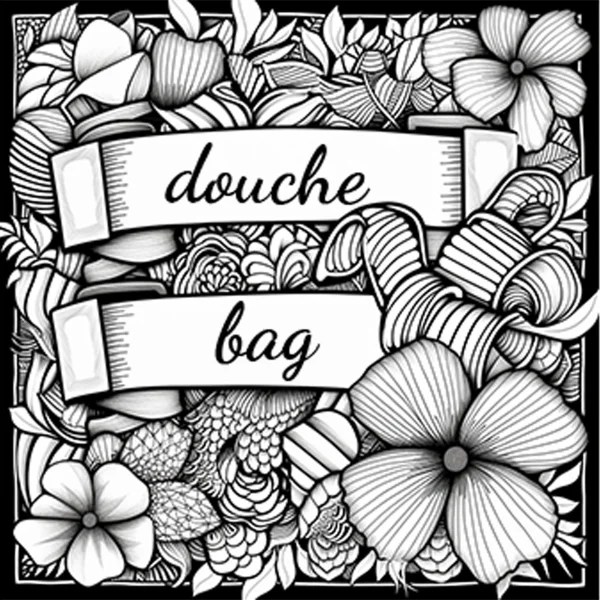 Zentangle floral decorative pattern with 'douche' and 'bag' text banners, intricate zentangle art style — free printable vulgar content coloring book page