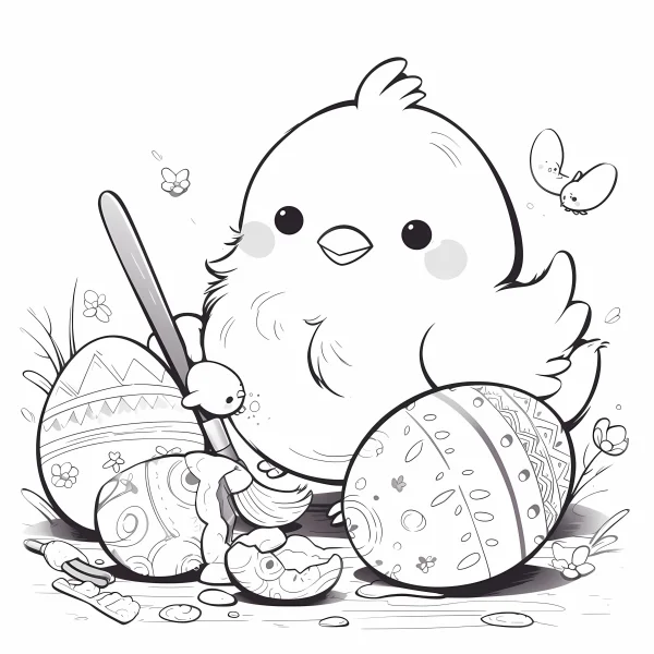 Cute little chick painting decorated easter eggs, cartoon style — free printable handmade coloring book page