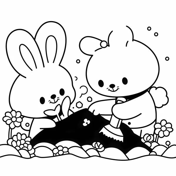 Cute rabbit and bear gardening, cartoon style — free printable spring coloring book page