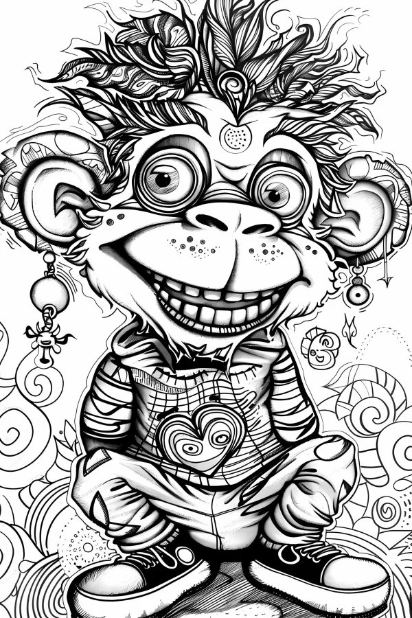 Cartoon trendy monkey, street art style — free printable street coloring book page