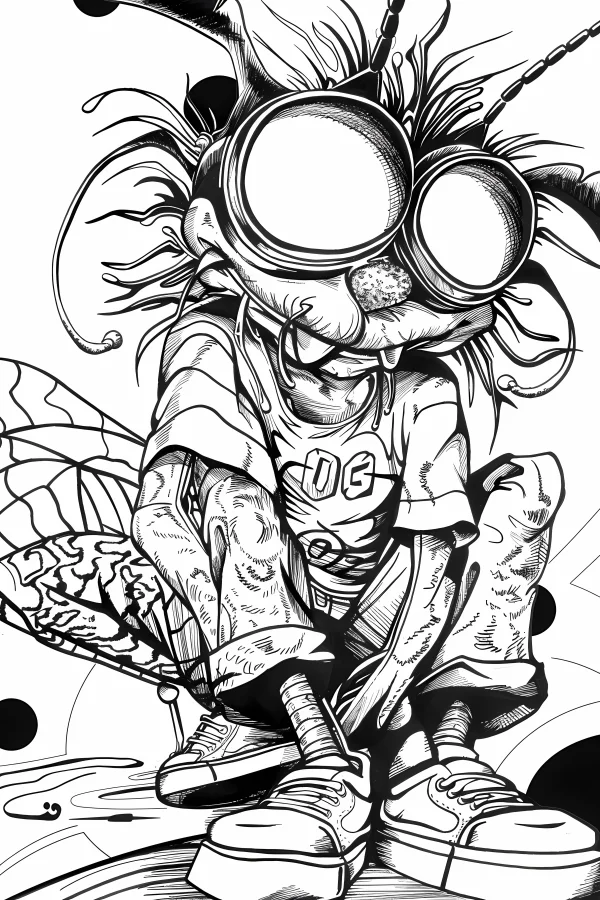 Cool anthropomorphic insect in street style, cartoon graffiti art — free printable street coloring book page