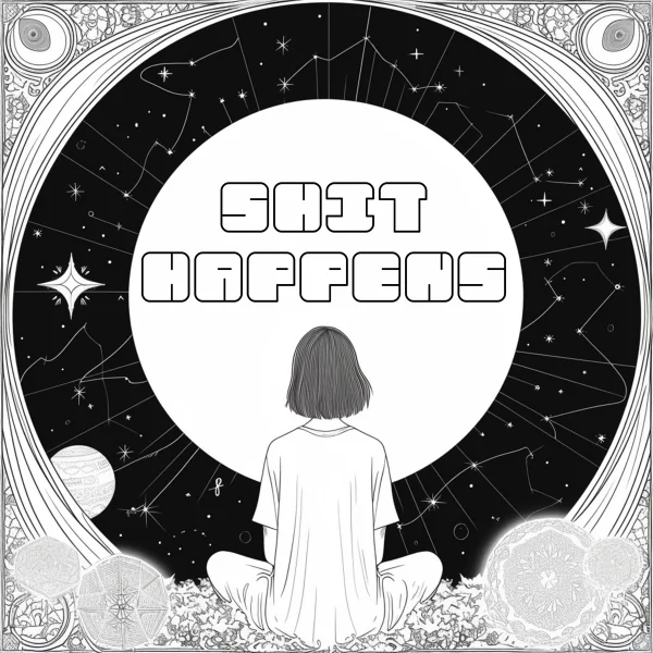 Back view of a cross-legged girl, fantasy cosmic background with constellations and stars — free printable universe coloring book page
