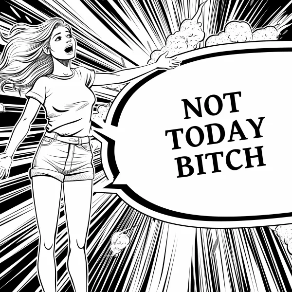 Coloring book page, angry shouting girl with flowing long hair — free printable comic coloring book page