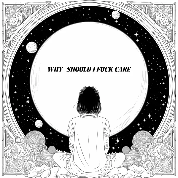 Back view of a girl sitting cross-legged in front of a large cosmic starry window, fantasy decorative art style — free printable universe coloring book page