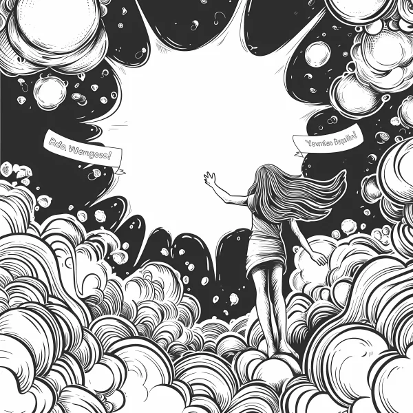 Coloring book page, long-haired girl standing in abstract fluid curly patterns — free printable dreams coloring book page