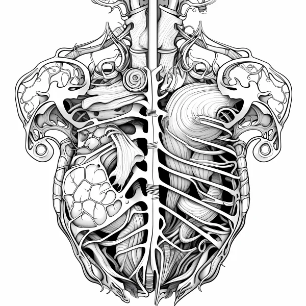 Decorative stylized thoracic cavity anatomical structure, fantasy ornamental art style — free printable anatomy coloring book page