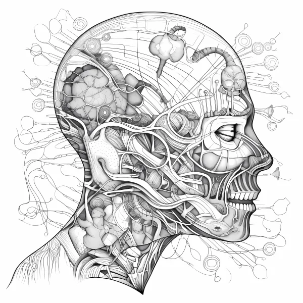 Cyberpunk half-mechanical human head, sci-fi sketch style — free printable human anatomy coloring book page