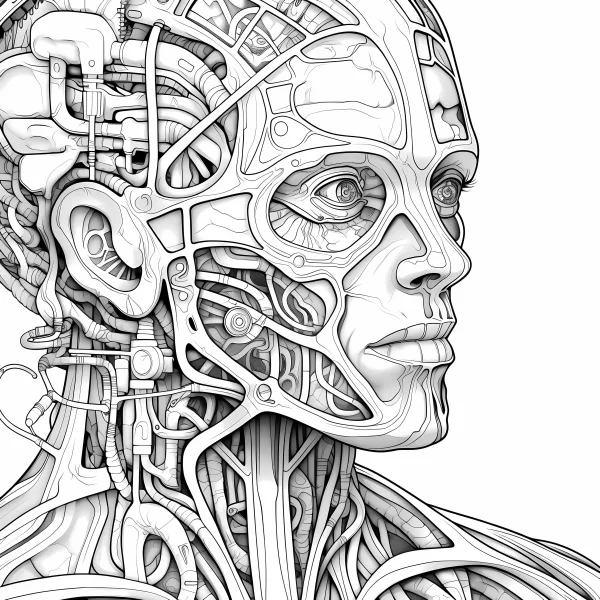 Cyberpunk cyborg head, sci-fi style — free printable robot coloring book page