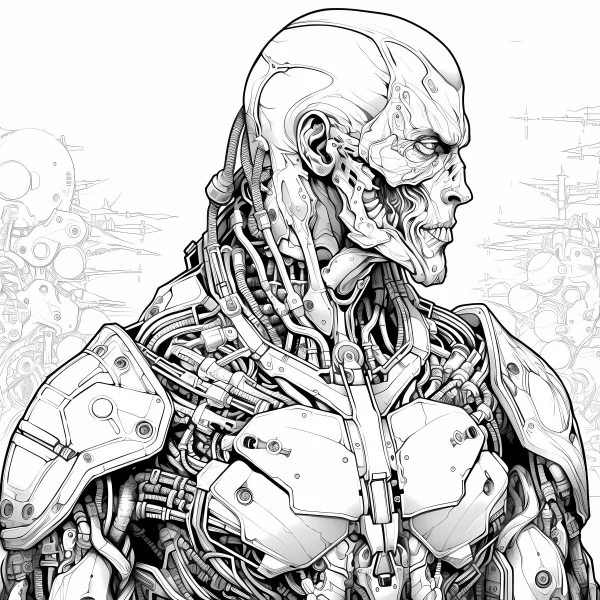 Cyberpunk cyborg with skull face, sci-fi cyberpunk style — free printable robot coloring book page