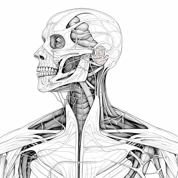 Human head and neck musculoskeletal anatomy line art, realistic anatomical illustration — free printable popular science coloring book page