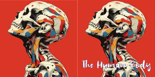 Coloring book cover, abstract colorful human skull with neck and shoulder bones — free printable coloring page
