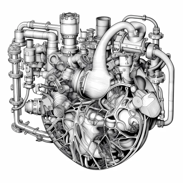 Intricate mechanical heart, sci-fi mechanical style — free printable mechanical coloring book page