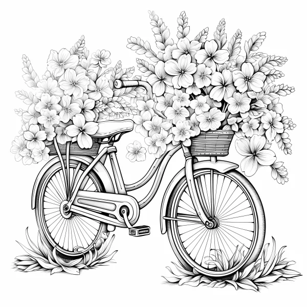 Bicycle loaded with flowers and leaves, sketch style — free printable cycling coloring book page