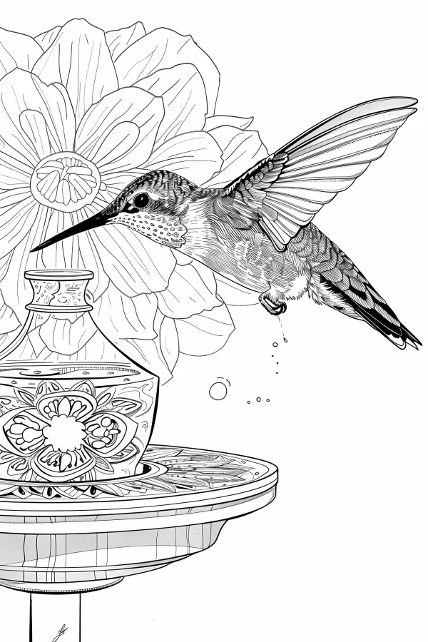 Realistic hummingbird hovering above a decorative bird feeder with mandala patterns, next to a large flower — free printable birds coloring book page