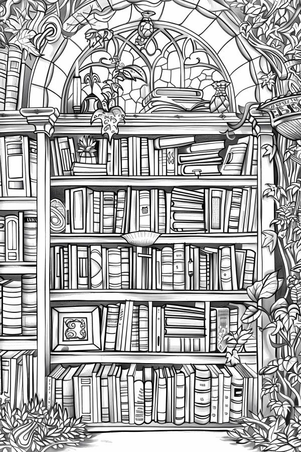 Vintage study bookshelf filled with various books, surrounded by lush plants and vines — free printable study coloring book page
