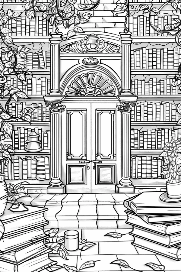 Vintage study room with double doors, bookshelves filled with books — free printable study coloring book page