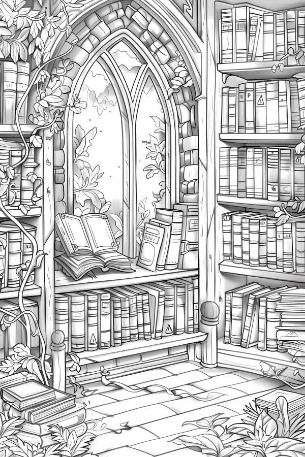 Gothic-style library with arched windows, bookshelves filled with books — free printable library coloring book page