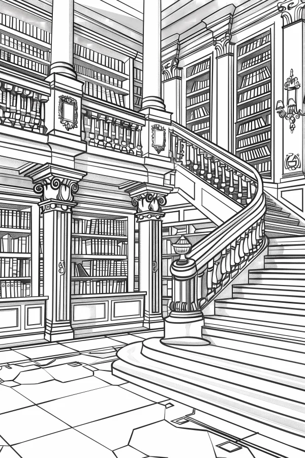 European classical library with curved staircase, realistic architectural style — free printable library coloring book page