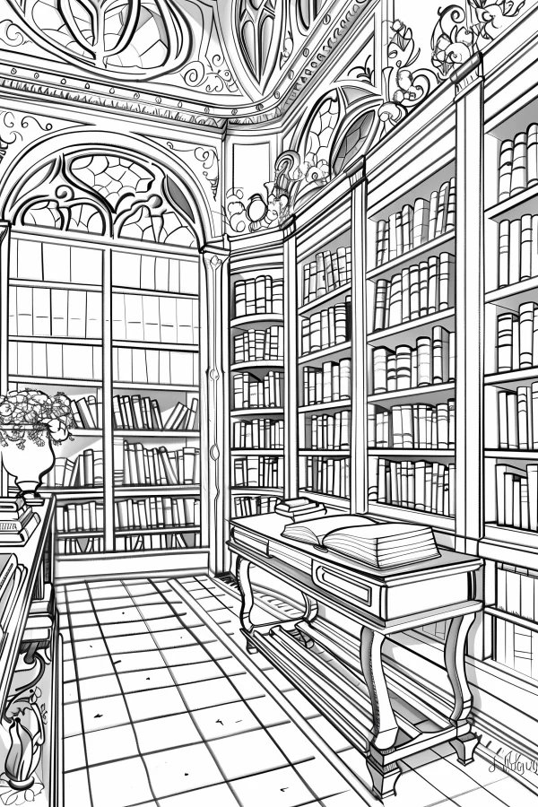 Vintage study room with elaborate bookshelves, retro art deco style — free printable study coloring book page