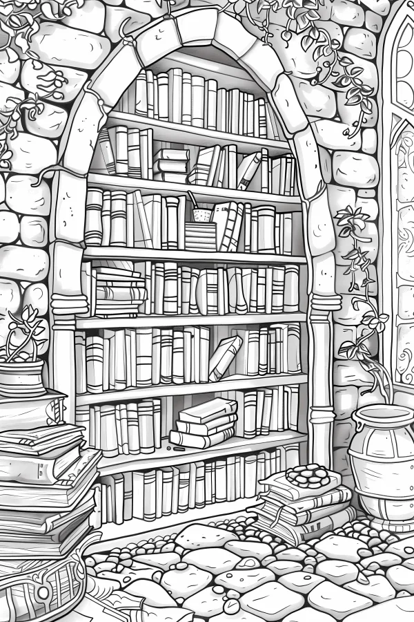 Stone archway with full bookshelves, realistic illustration style — free printable study coloring book page