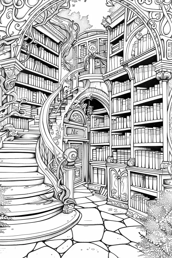 Fantasy vintage library with spiral staircase, art nouveau style — free printable study coloring book page