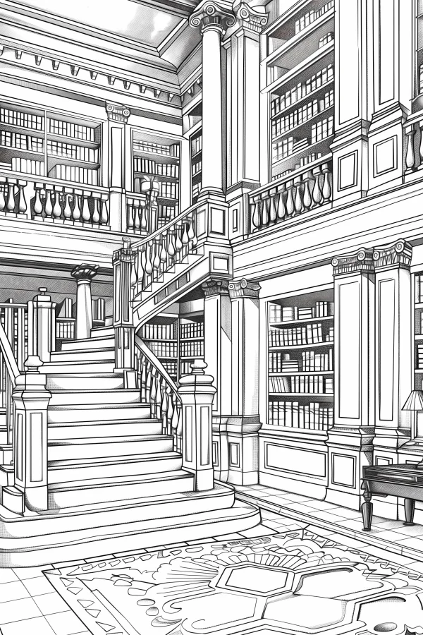 Vintage two-story library with staircase, realistic retro sketch style — free printable study coloring book page