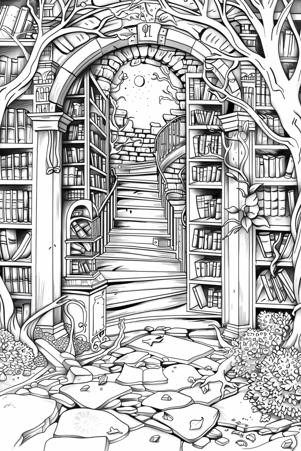 Fantasy library archway with spiral staircase, surrounded by full bookshelves and growing trees — free printable study coloring book page