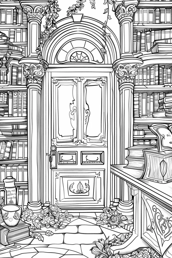 Vintage european study room with arched door, intricate line art of carved columns — free printable study coloring book page