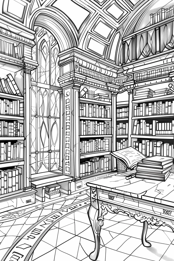 Classic european-style library interior, realistic line art — free printable study coloring book page