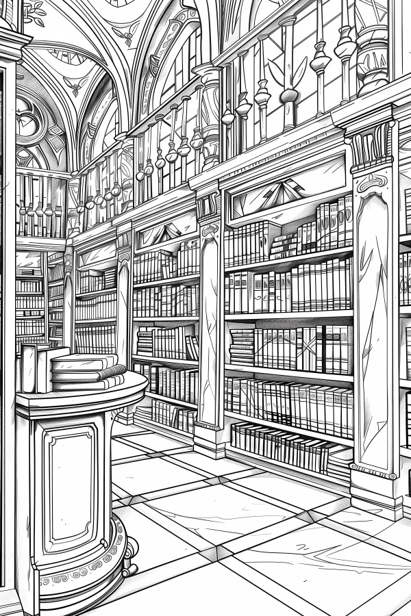 Ornate classic european library interior, realistic line art style — free printable library coloring book page