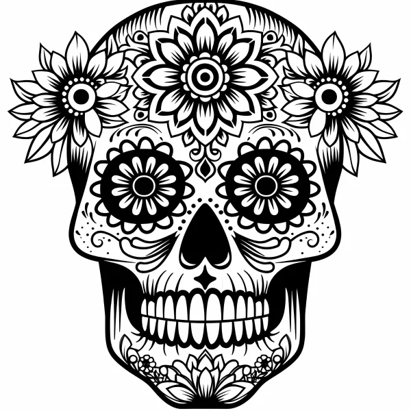 Decorative day of the dead sugar skull adorned with marigold flowers and intricate symmetric patterns, mexican folk art style — free printable folk culture coloring book page