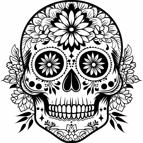 Decorative sugar skull for day of the dead, surrounded by intricate symmetrical floral patterns and decorative motifs — free printable latin american culture coloring book page