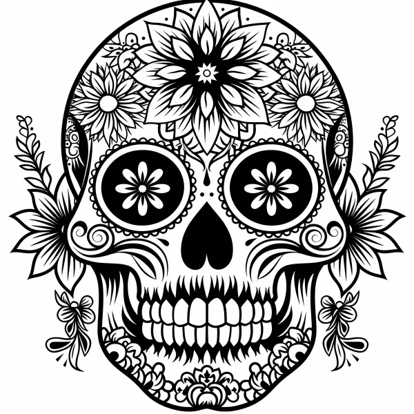 Day of the dead sugar skull adorned with intricate flowers and decorative vines, latin american folk art style — free printable latin american culture coloring book page