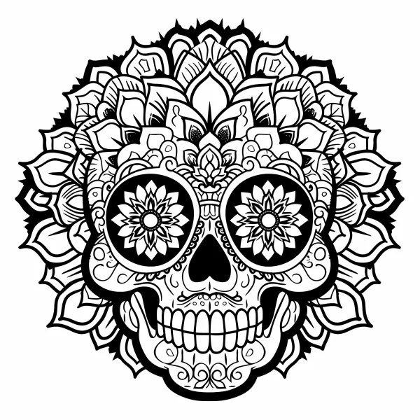 Mandala decorated sugar skull (day of the dead style), latin decorative art style — free printable culture coloring book page