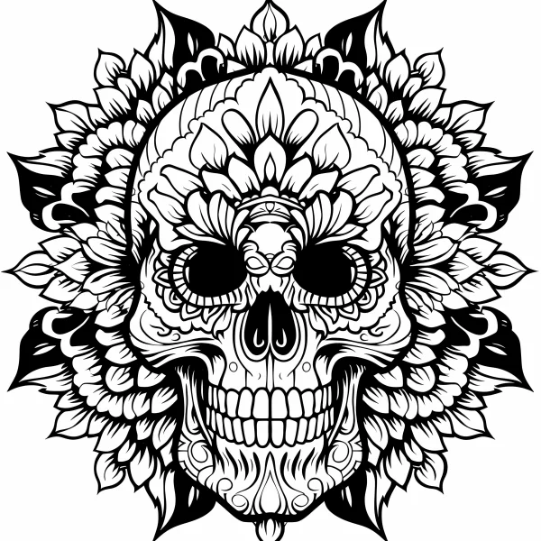 Day of the dead decorated skull, surrounded by mandala-style floral patterns — free printable latin american culture coloring book page