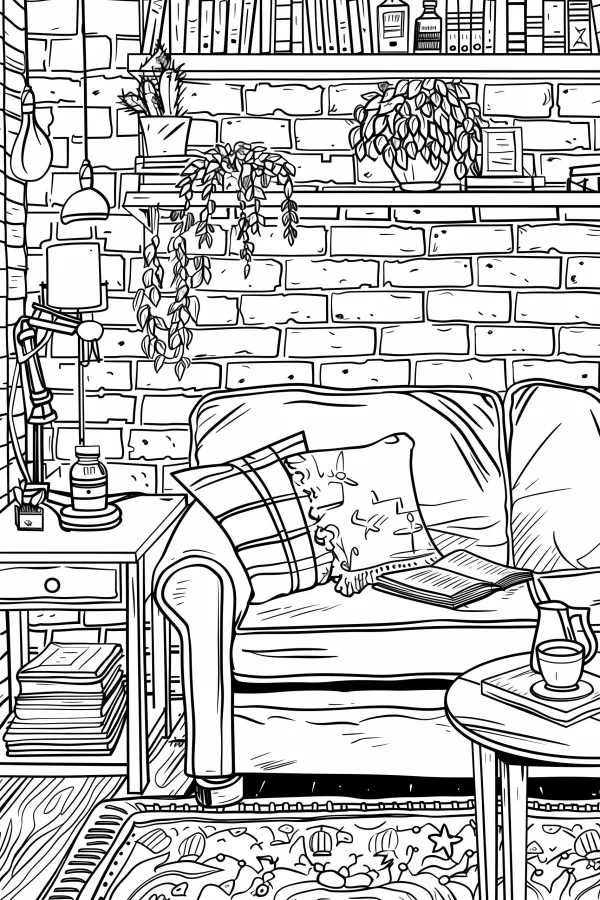 Cozy home interior scene with sofa, pillows — free printable home scene coloring book page