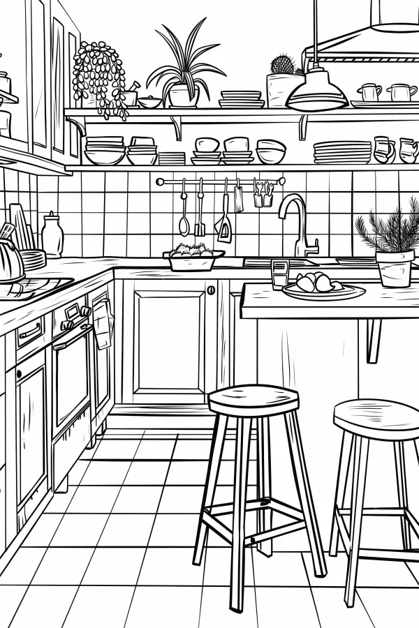 Cozy home kitchen scene, realistic style — free printable cooking coloring book page