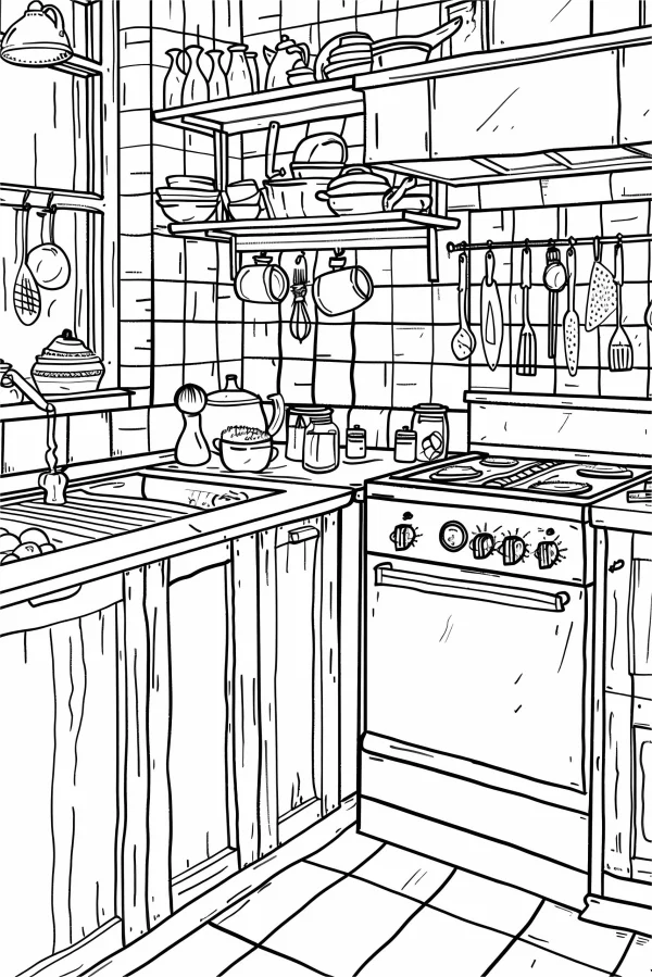 Cozy kitchen scene, realistic line art style — free printable cooking coloring book page