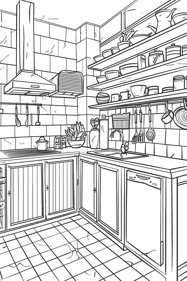 Indoor kitchen scene, realistic illustration style — free printable cooking coloring book page