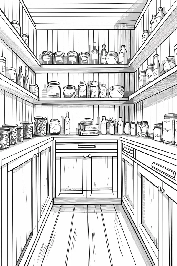 Pantry kitchen storage room interior, sketch style — free printable cooking coloring book page