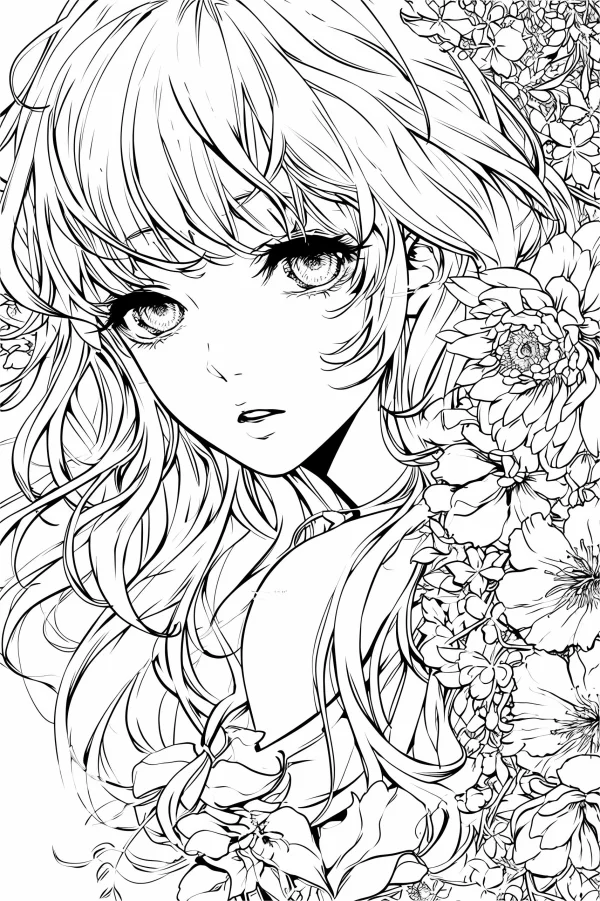 Anime girl surrounded by various flowers, anime art style — free printable girl coloring book page