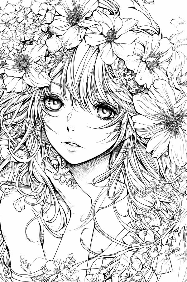 Anime girl surrounded by various flowers and vines, anime art style — free printable girl coloring book page