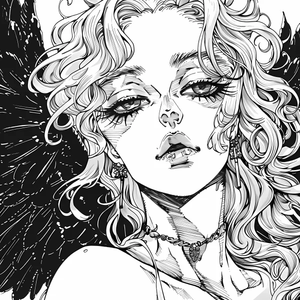 Dark angel with curly hair and black wings, anime dark style — free printable dark coloring book page