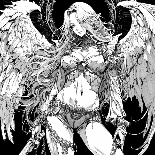 Dark angel with large wings, anime gothic style — free printable angel coloring book page