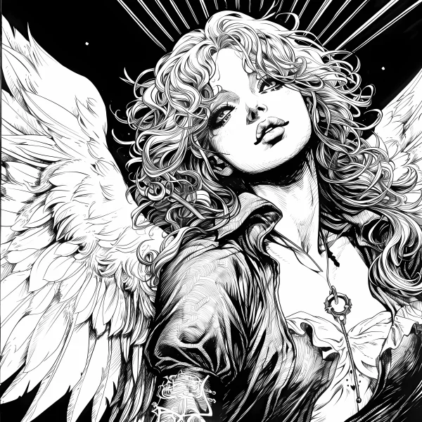 Curly-haired angel with feathered wings, realistic sketch style — free printable angel coloring book page