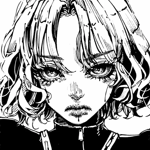 Anime-style curly-haired girl with big eyes, hand-drawn illustration — free printable anime coloring book page