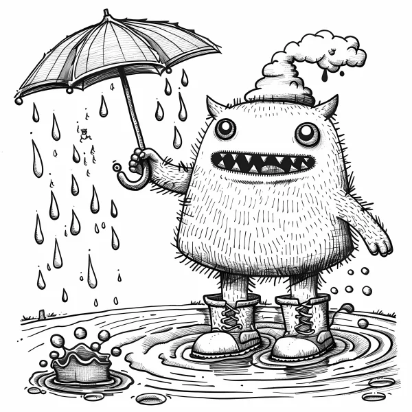 Cute fluffy fantasy monster holding an umbrella, cartoon hand-drawn style — free printable other life themes coloring book page