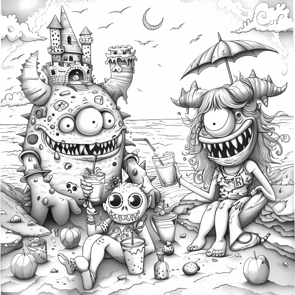 Cute fantasy monsters having beach vacation, big one-eyed monster with mini castle on head — free printable beach holiday coloring book page