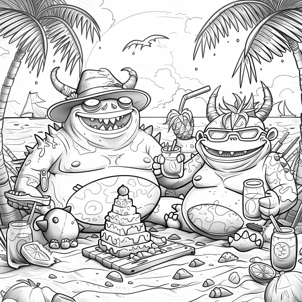 Chubby fantasy monsters on beach vacation, cartoon fantasy style — free printable vacation coloring book page
